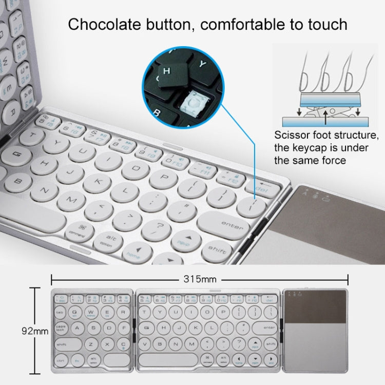 Lisslune | GK408 Triple Rechargeable Wireless Bluetooth Keyboard with Touchpad, Support for Android / IOS / Windows (Silver)