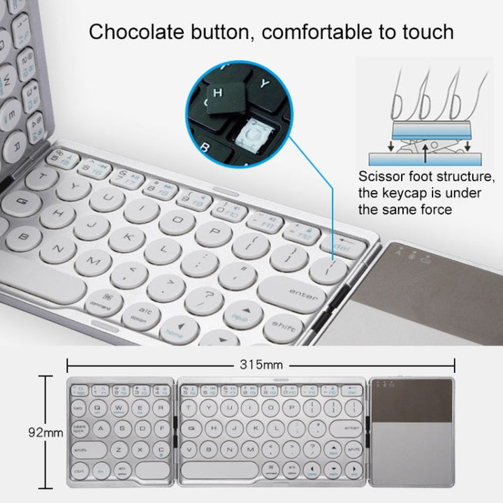 Lisslune | GK408 Triple Rechargeable Wireless Bluetooth Keyboard with Touchpad, Support for Android / IOS / Windows (Silver)