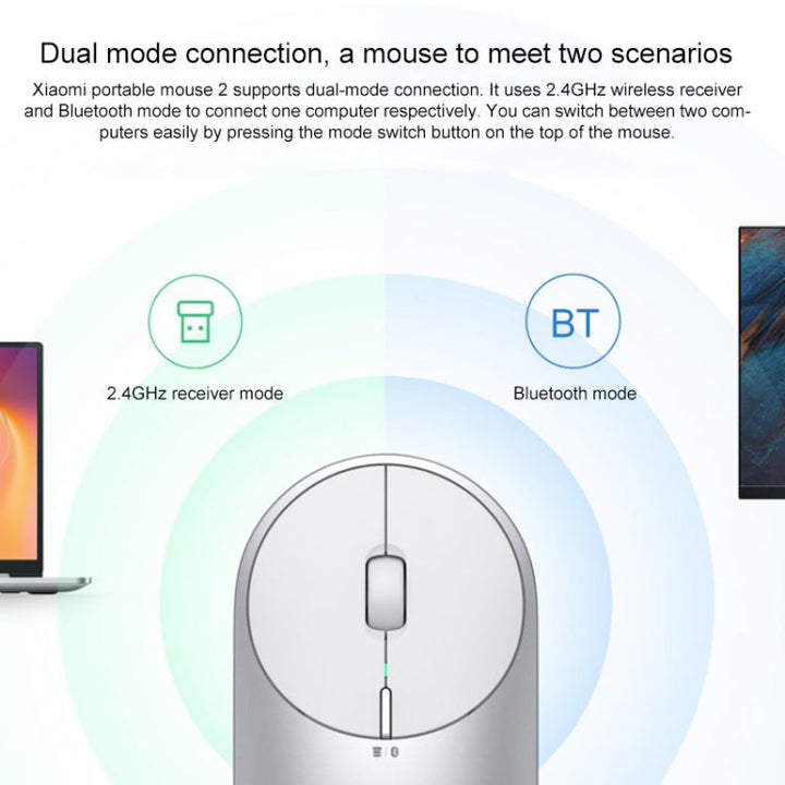 Lisslune | Original Xiaomi Portable Mouse 2 Optical Wireless Bluetooth 4.2 RF 2.4GHz 4000DPI Adjustable Dual-Mode Mouse (Silver)