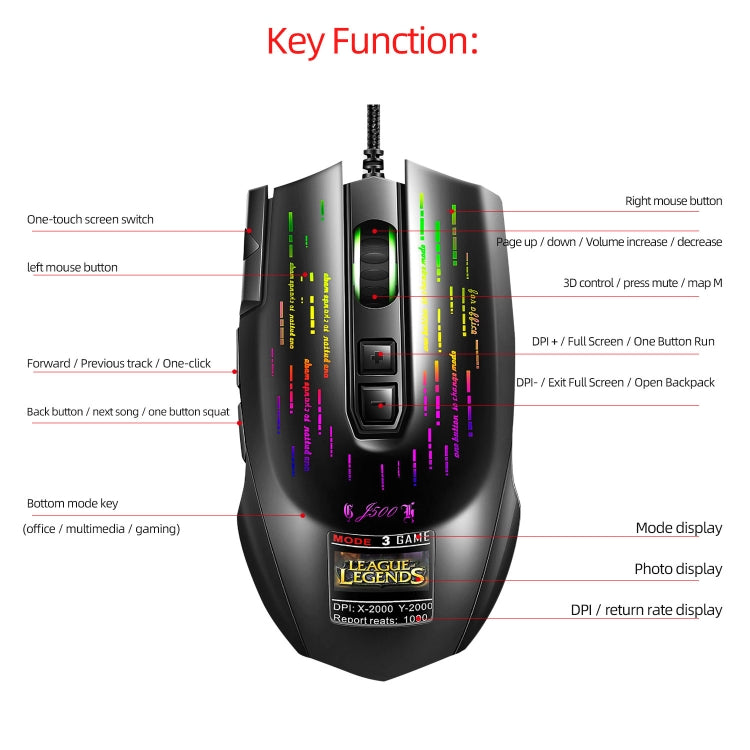 Lisslune | HXSJ J500 7 Keys RGB Programmable Screen Gaming Wired Mouse