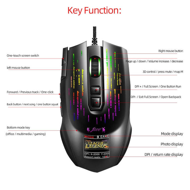 Lisslune | HXSJ J500 7 Keys RGB Programmable Screen Gaming Wired Mouse
