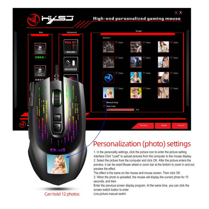 Lisslune | HXSJ J500 7 Keys RGB Programmable Screen Gaming Wired Mouse