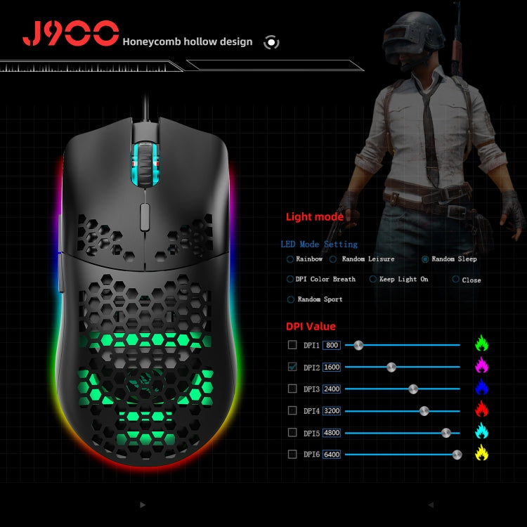 Lisslune | HXSJ J900 6 Button RGB Lighting Programmable Gaming Wired Mouse (Black)