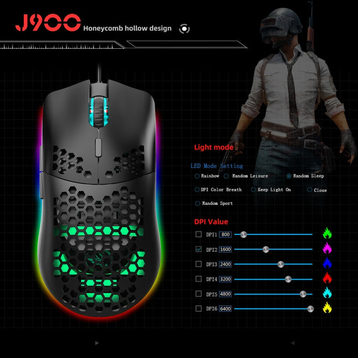 Lisslune | HXSJ J900 6 Button RGB Lighting Programmable Gaming Wired Mouse (Black)