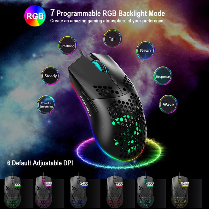 Lisslune | HXSJ J900 6 Button RGB Lighting Programmable Gaming Wired Mouse (Black)