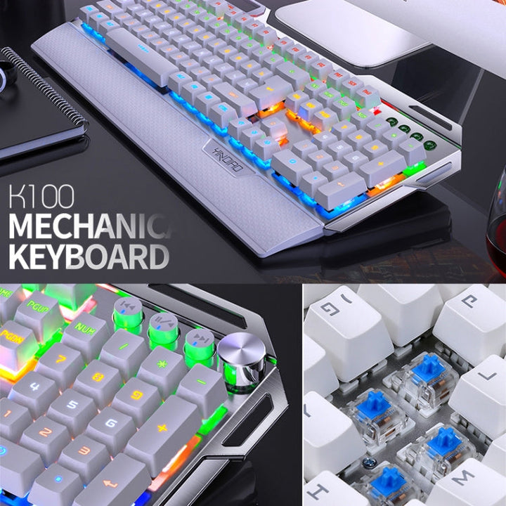 Lisslune | YINDIAO K100 USB Metal Mechanical Gaming Wired Keyboard, Mixed Light Blue Shaft (White)