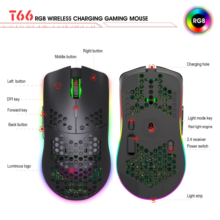 Lisslune | HXSJ T66 7 Button Colorful Lighting Programmable Gaming Wireless Mouse (White)