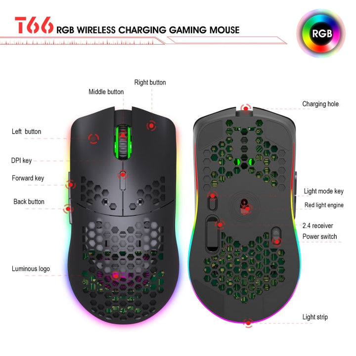 Lisslune | HXSJ T66 7 Button Colorful Lighting Programmable Gaming Wireless Mouse (White)