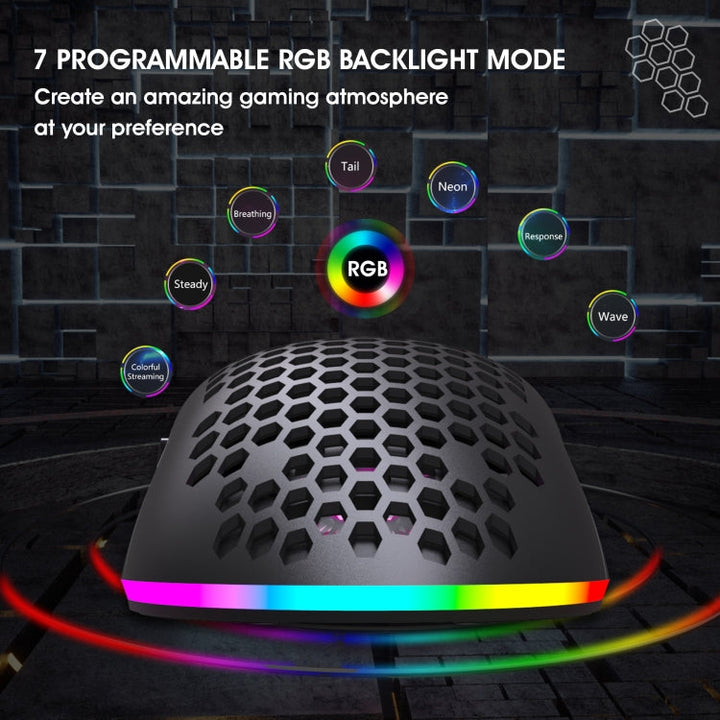 Lisslune | HXSJ T66 7 Button Colorful Lighting Programmable Gaming Wireless Mouse (White)