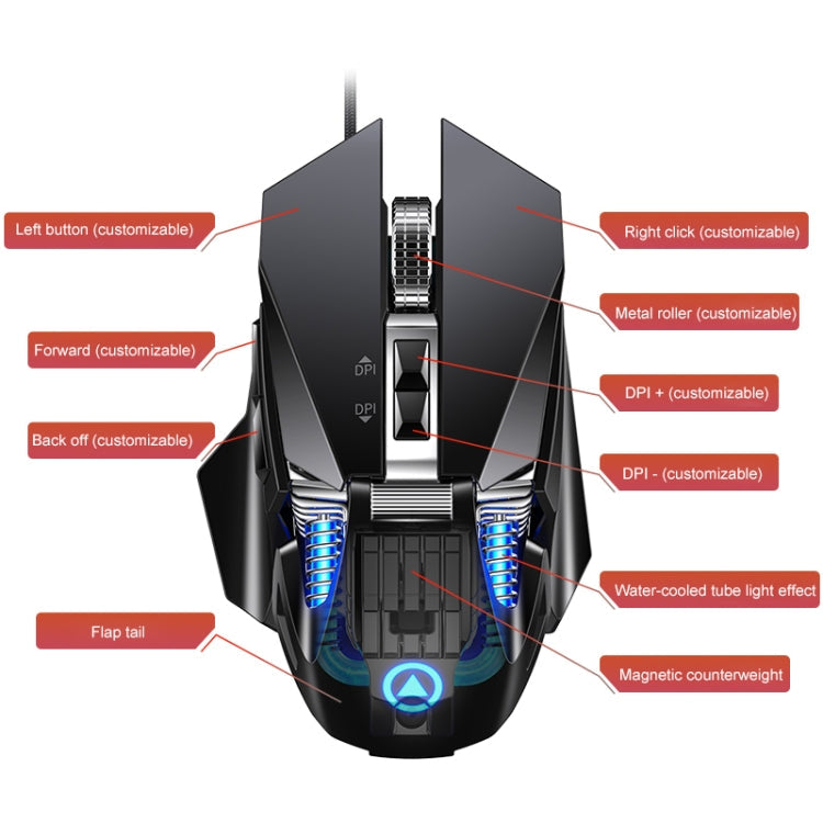 Lisslune | YINDIAO G10 7200DPI 7-mode adjustable 7-button RGB light wired metal mechanical hard core macro mouse, Style: Audio version (Silver)