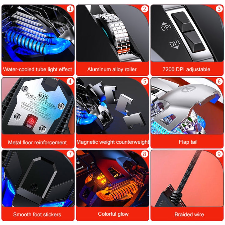 Lisslune | YINDIAO G10 7200DPI 7-mode adjustable 7-button RGB light wired metal mechanical hard core macro mouse, Style: Audio version (Silver)
