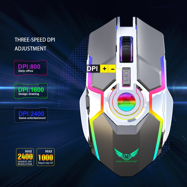 Lisslune | ZERODATE T30 2.4GHz 2400DPI three-level adjustable RGB backlighting Wireless Optical Mouse (Gray)