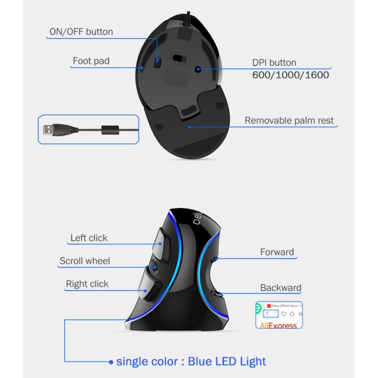 Lisslune | DELUX M618 Plus Wired blue version optical mouse ergonomic vertical mouse 1600DPI