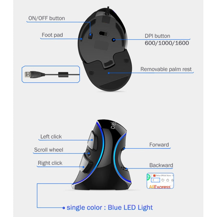 Lisslune | DELUX M618 Plus Wired blue version optical mouse ergonomic vertical mouse 1600DPI