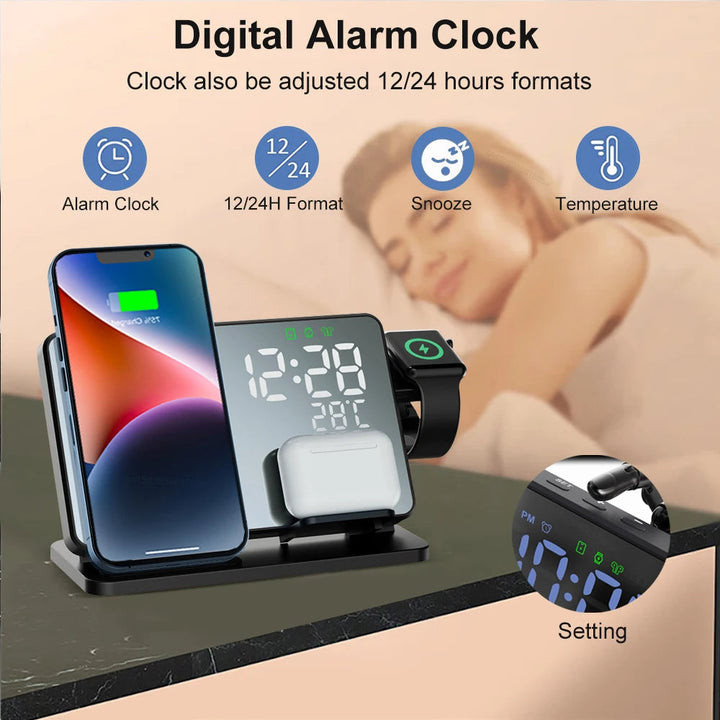 Lisslune | 3-in-1 Quick Charge Station | Premium Wireless Fast Charging Docking Station with Alarm Clock | for Apple iPhone, Watch & AirPods