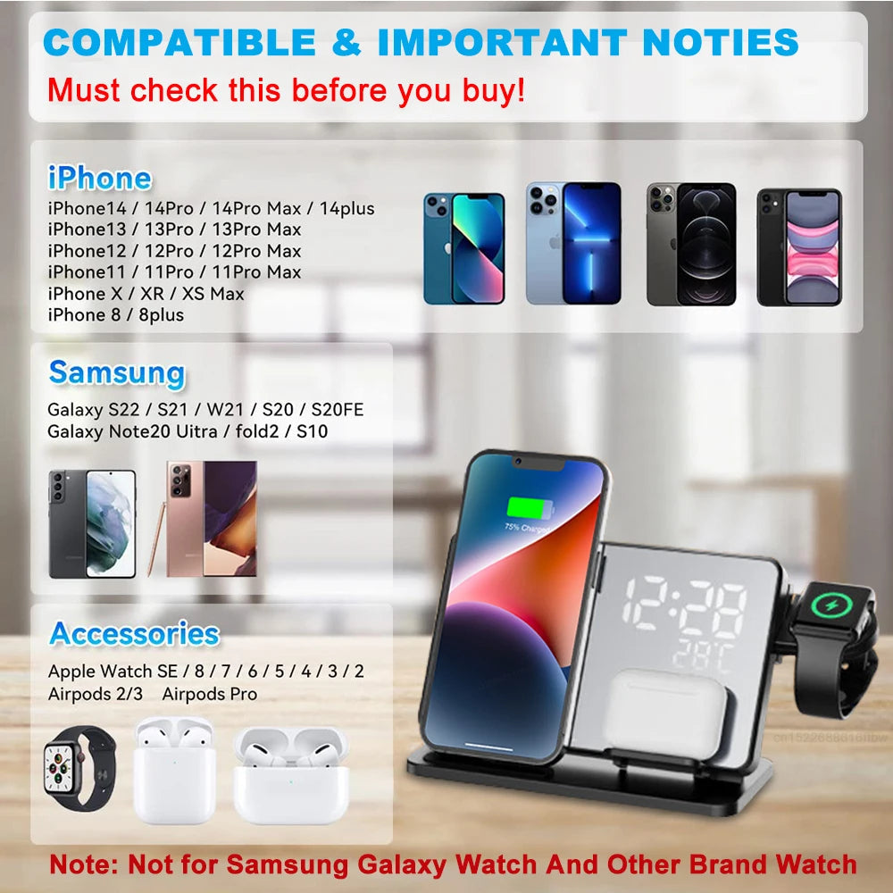 Lisslune | 3-in-1 Quick Charge Station | Premium Wireless Fast Charging Docking Station with Alarm Clock | for Apple iPhone, Watch & AirPods