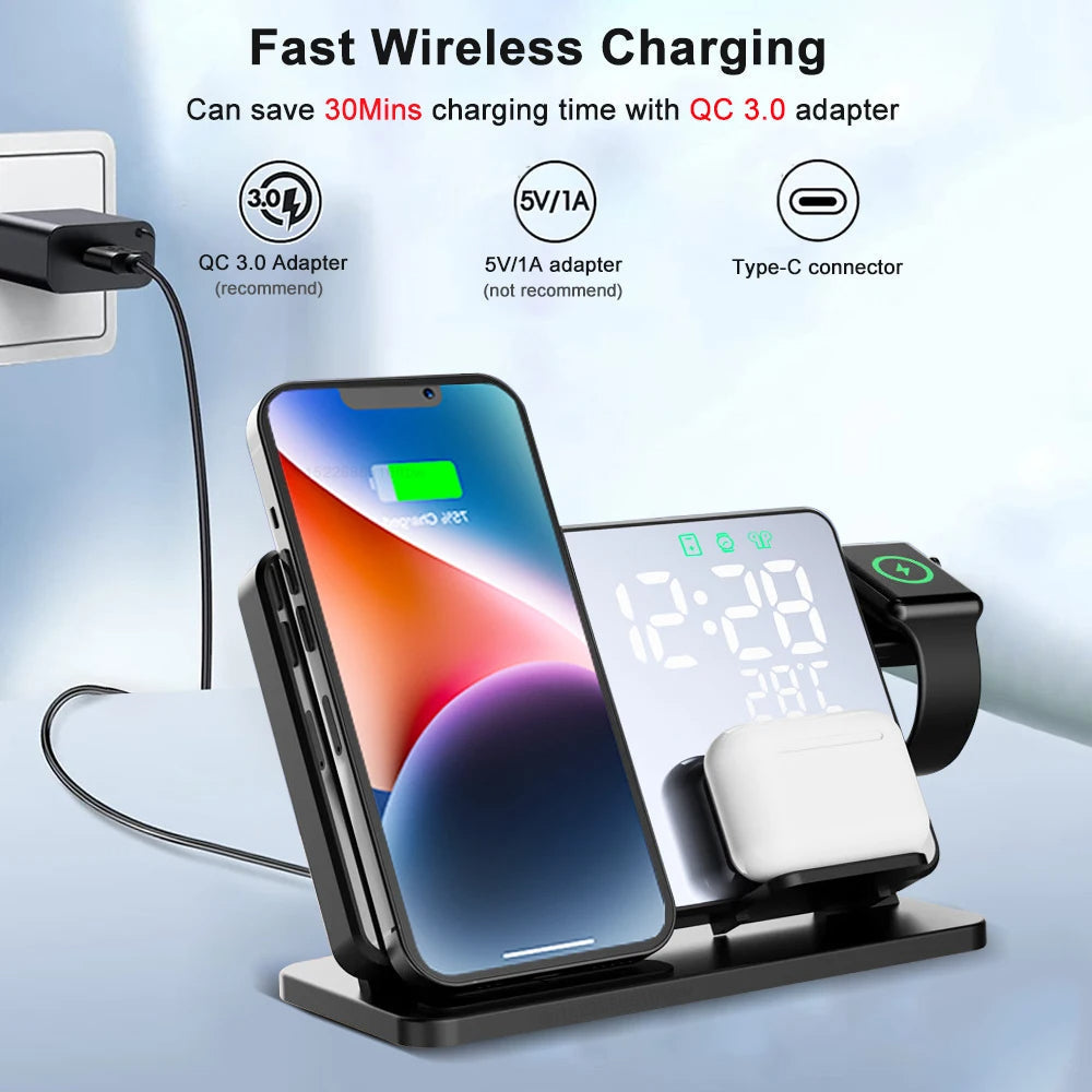 Lisslune | 3-in-1 Quick Charge Station | Premium Wireless Fast Charging Docking Station with Alarm Clock | for Apple iPhone, Watch & AirPods