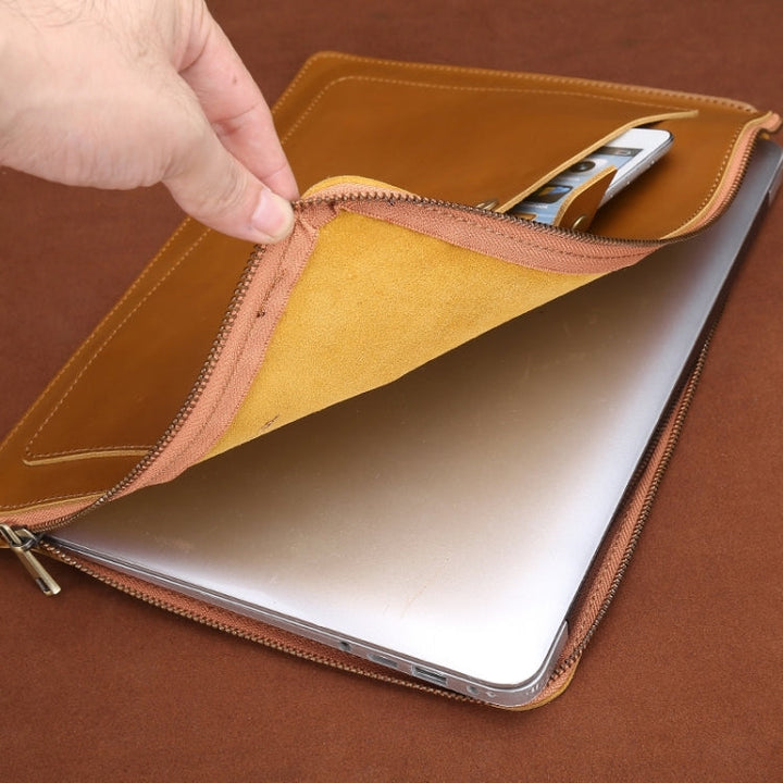 Lisslune | 11.6 Inch Genuine Leather Zipper Laptop Tablet Bag, For Macbook, Samsung, Lenovo, Sony, DELL Alienware, CHUWI, ASUS, HP 11.6 Inch and Below Laptop (Brown)