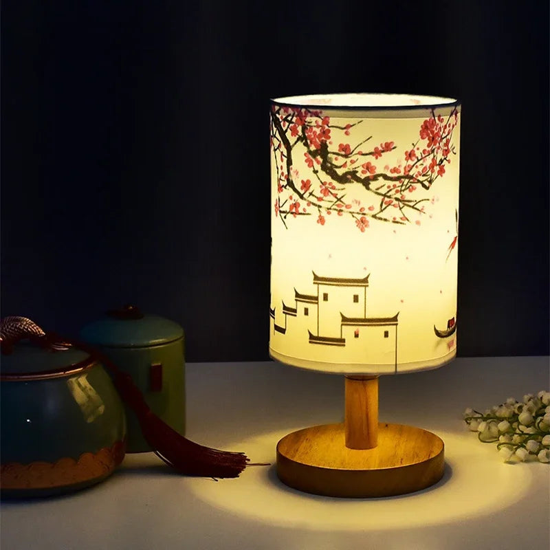 Lisslune | Dimmable LED bedside lamp with fabric shade in plum blossom – Perfect bedroom night lamp