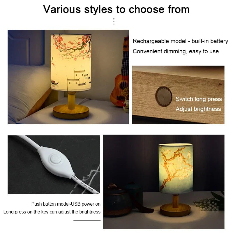 Lisslune | Dimmable LED bedside lamp with fabric shade in plum blossom – Perfect bedroom night lamp