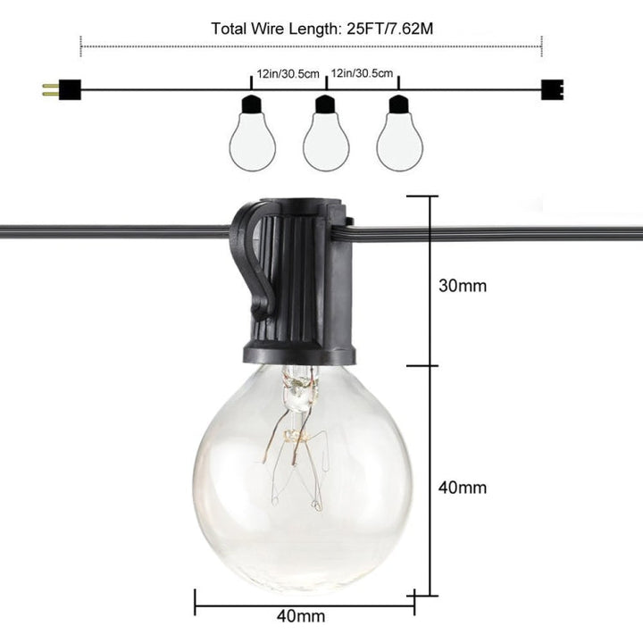 Lisslune | G40-EU-25 G40 7.6m 175W E12 IP44 waterproof Retro Filament light bulbs string, 25 light bulbs LED decorative lamp for garden, construction, bar, party, wedding, AC 220V, EU plug (Warm White)
