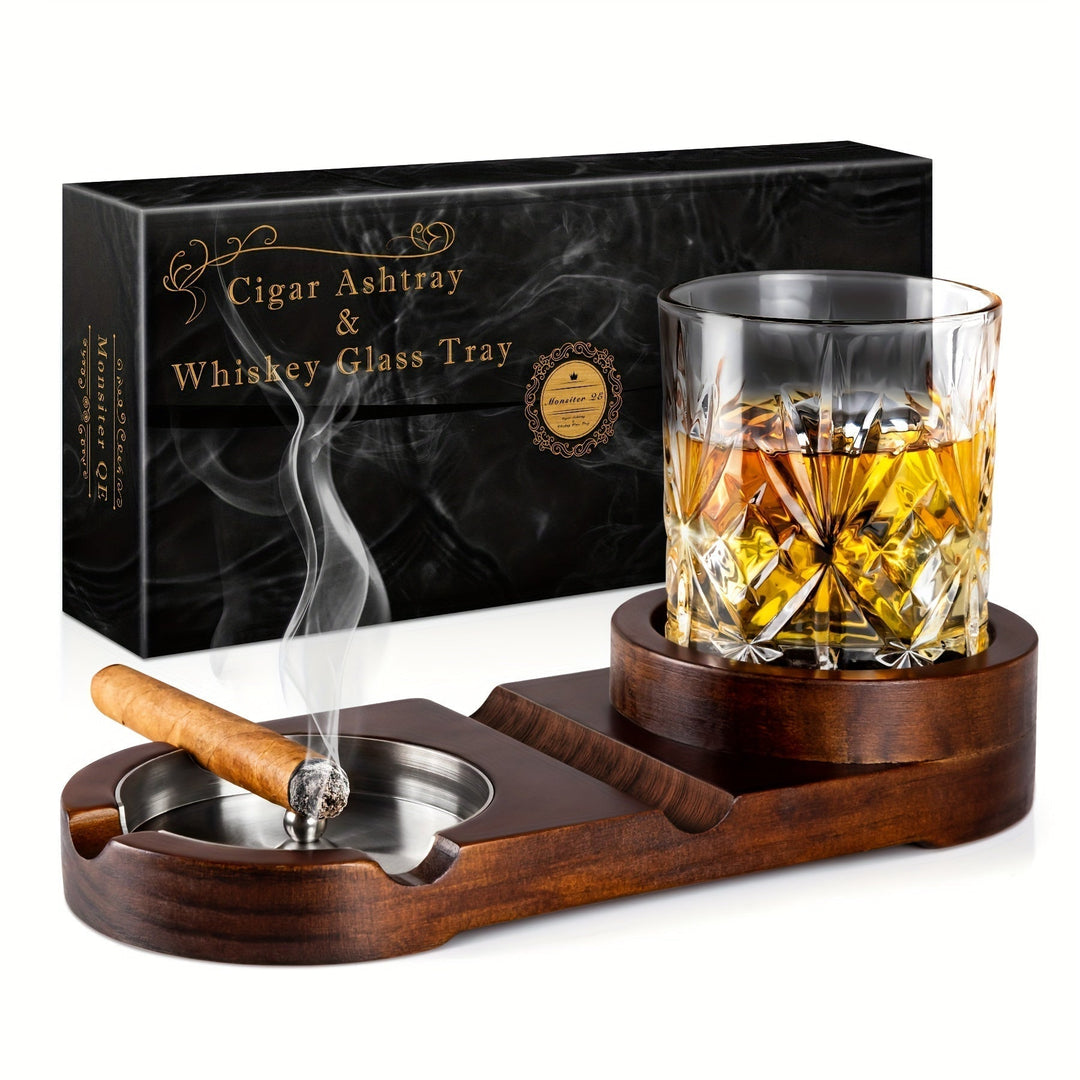 Lisslune | CigarOak Ashtray with Whiskey Holder – Luxury Wooden Tray for Cigar Lovers