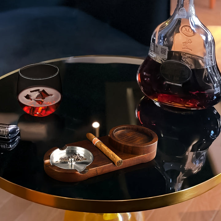 Lisslune | CigarOak Ashtray with Whiskey Holder – Luxury Wooden Tray for Cigar Lovers