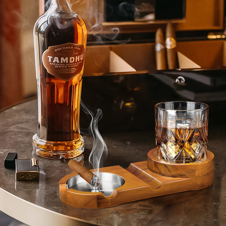 Lisslune | CigarOak Ashtray with Whiskey Holder – Luxury Wooden Tray for Cigar Lovers