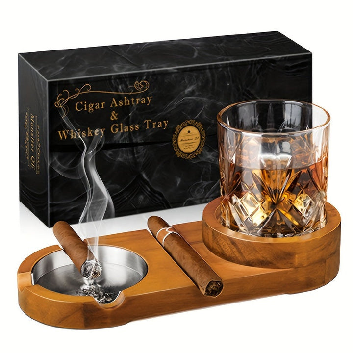 Lisslune | CigarOak Ashtray with Whiskey Holder – Luxury Wooden Tray for Cigar Lovers
