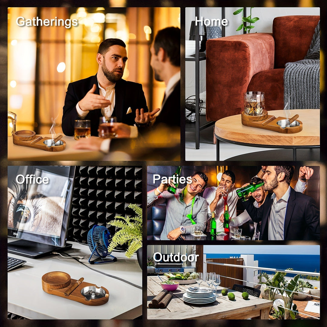 Lisslune | CigarOak Ashtray with Whiskey Holder – Luxury Wooden Tray for Cigar Lovers