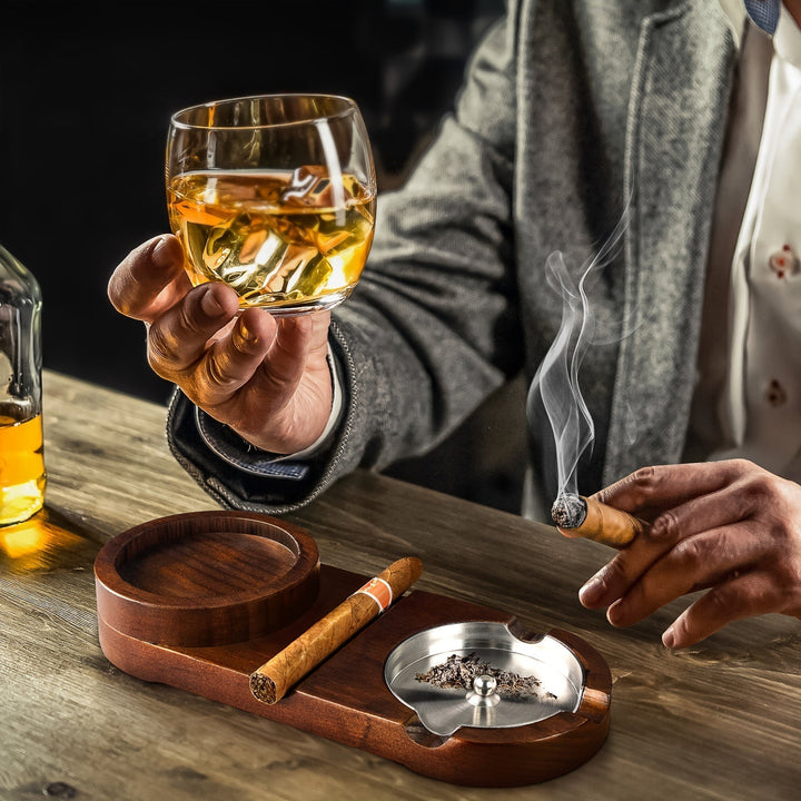 Lisslune | CigarOak Ashtray with Whiskey Holder – Luxury Wooden Tray for Cigar Lovers