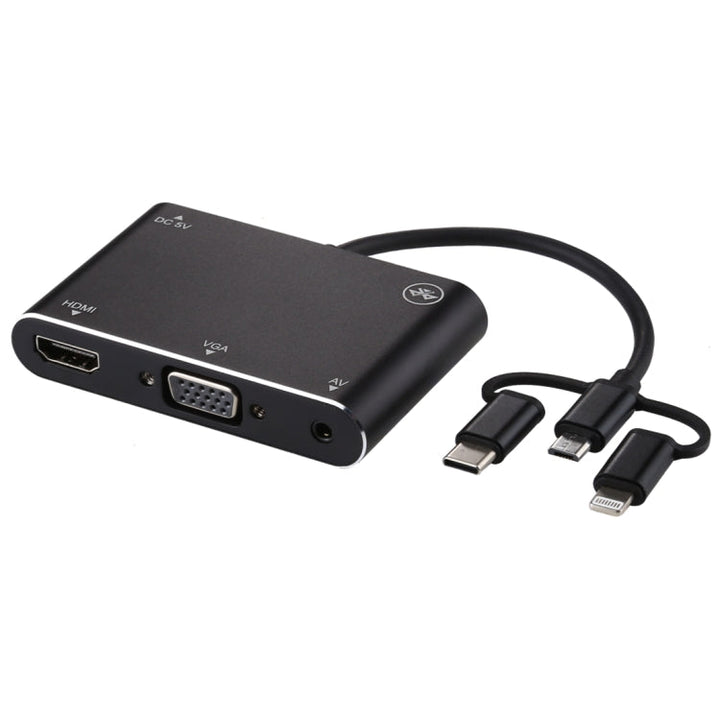 Lisslune | 3 in 1 8 Pin + Micro USB + Type-C to AV + HDMI + VGA 15 Pin HD Screen Player Adapter Converter with Audio