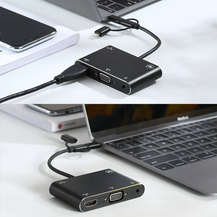 Lisslune | 3 in 1 8 Pin + Micro USB + Type-C to AV + HDMI + VGA 15 Pin HD Screen Player Adapter Converter with Audio