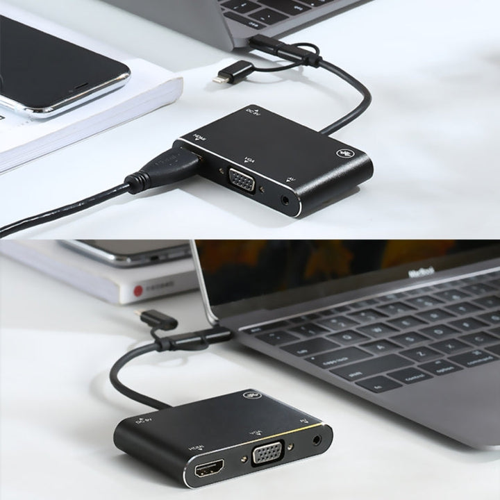 Lisslune | 3 in 1 8 Pin + Micro USB + Type-C to AV + HDMI + VGA 15 Pin HD Screen Player Adapter Converter with Audio