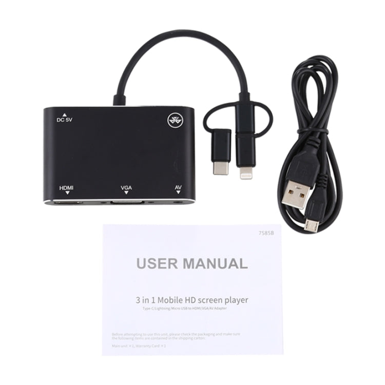 Lisslune | 3 in 1 8 Pin + Micro USB + Type-C to AV + HDMI + VGA 15 Pin HD Screen Player Adapter Converter with Audio