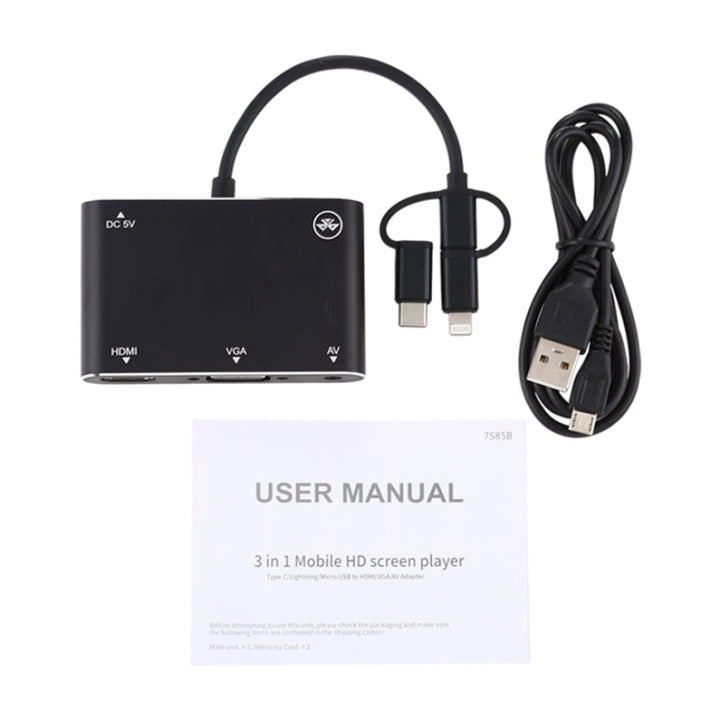 Lisslune | 3 in 1 8 Pin + Micro USB + Type-C to AV + HDMI + VGA 15 Pin HD Screen Player Adapter Converter with Audio