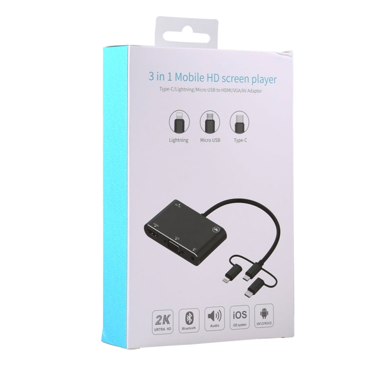 Lisslune | 3 in 1 8 Pin + Micro USB + Type-C to AV + HDMI + VGA 15 Pin HD Screen Player Adapter Converter with Audio