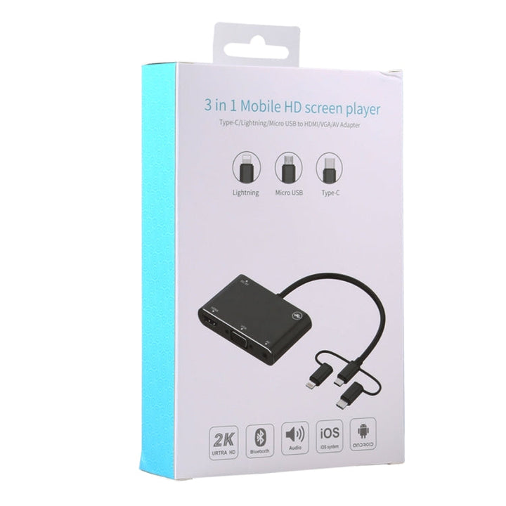 Lisslune | 3 in 1 8 Pin + Micro USB + Type-C to AV + HDMI + VGA 15 Pin HD Screen Player Adapter Converter with Audio