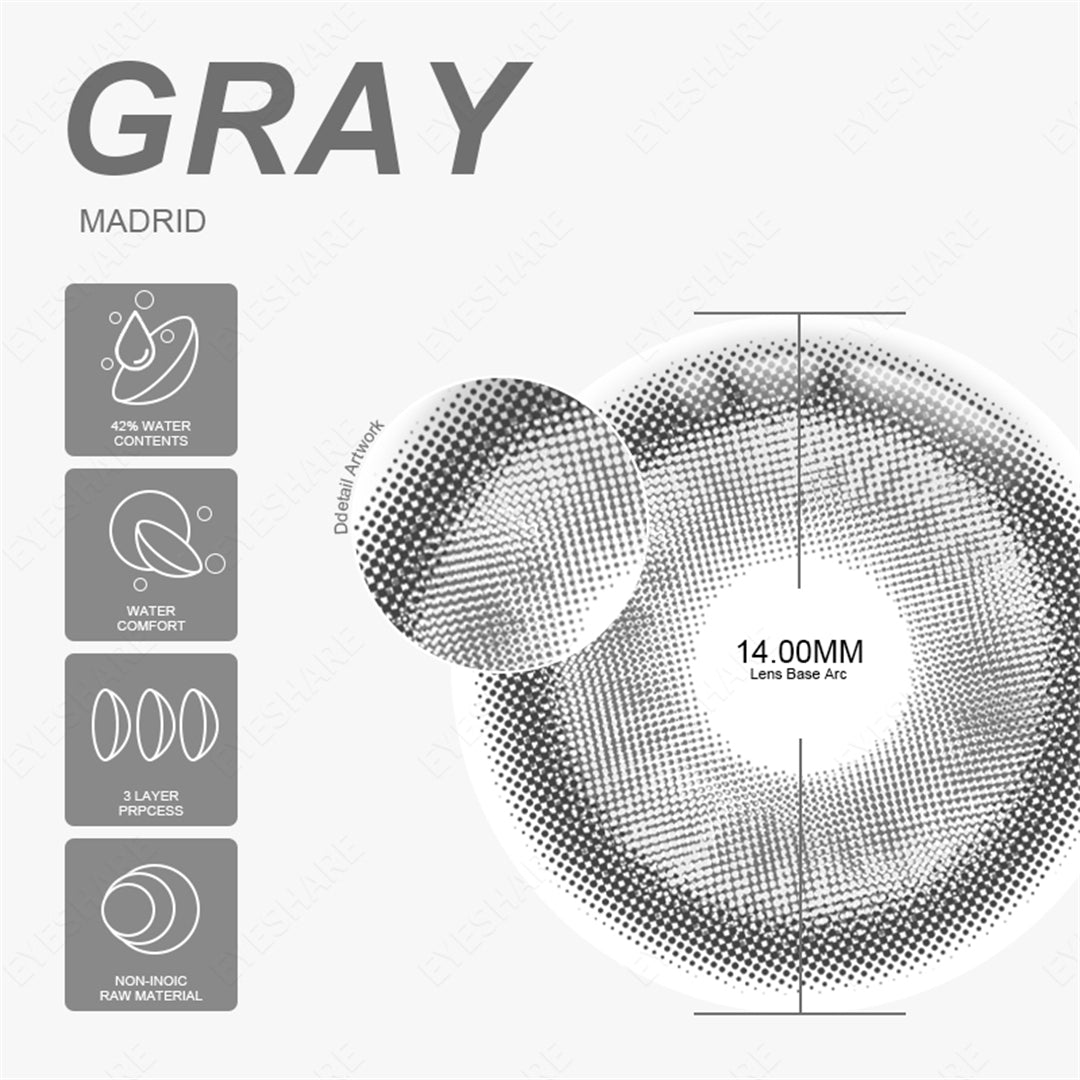 Rynx Madrid Gray 1 Day Use I 14.0mm, 10 pcs = 5 pairs, Cosplay