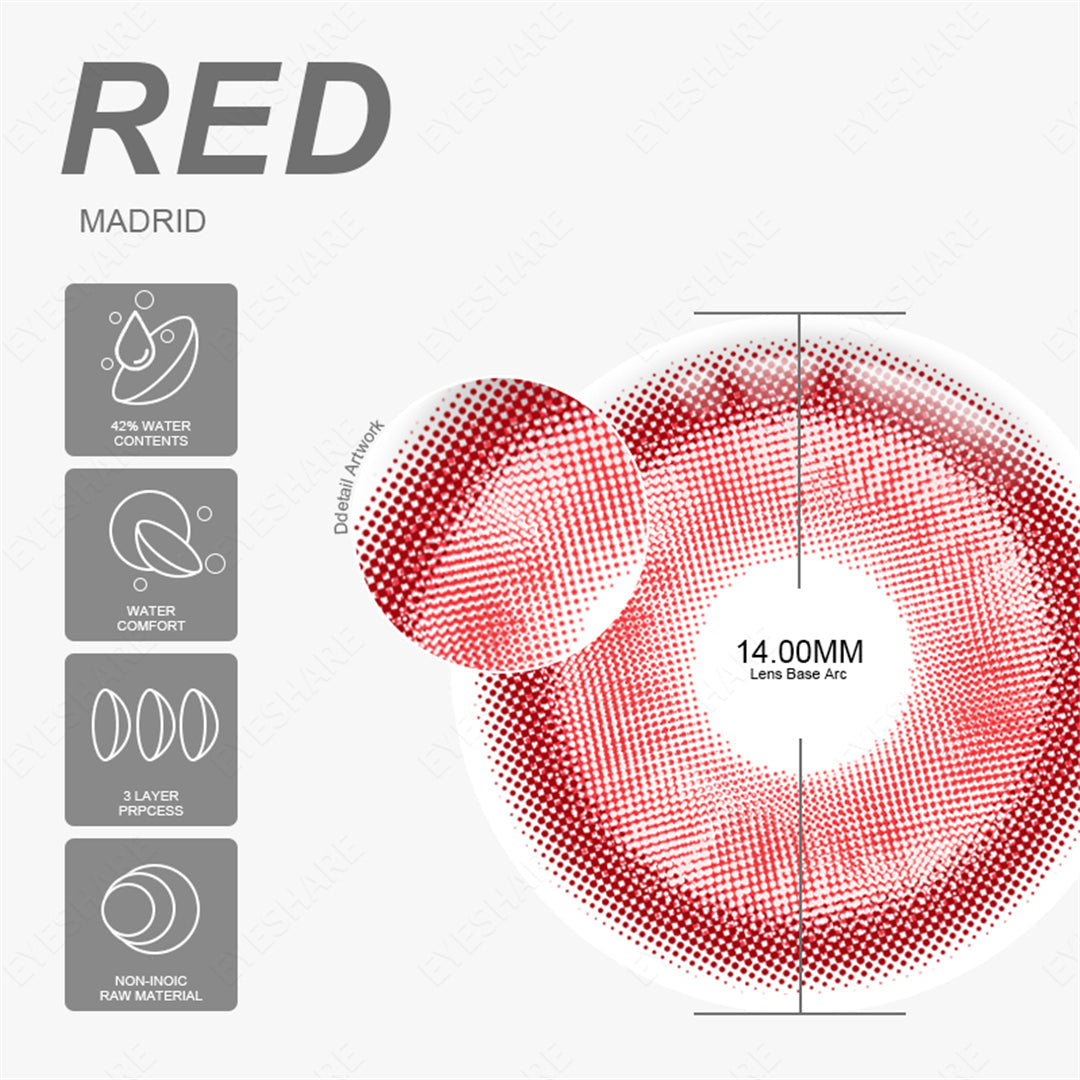Rynx Madrid Red 1 Day Use I 14.0mm, 10 pieces=5 pairs, Cosplay