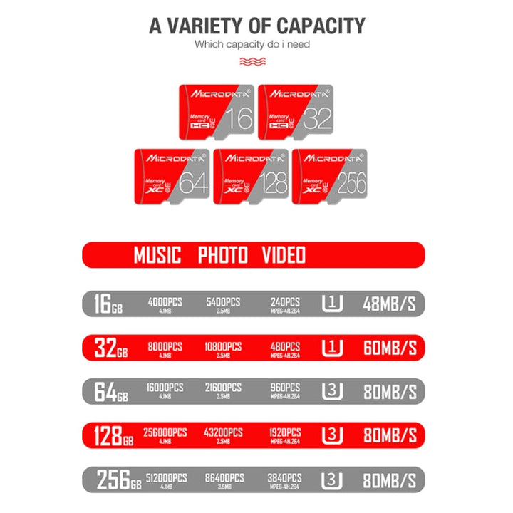 Lisslune | MICRODATA 256GB Class 10 Red and Gray TF (Micro SD) Memory Card