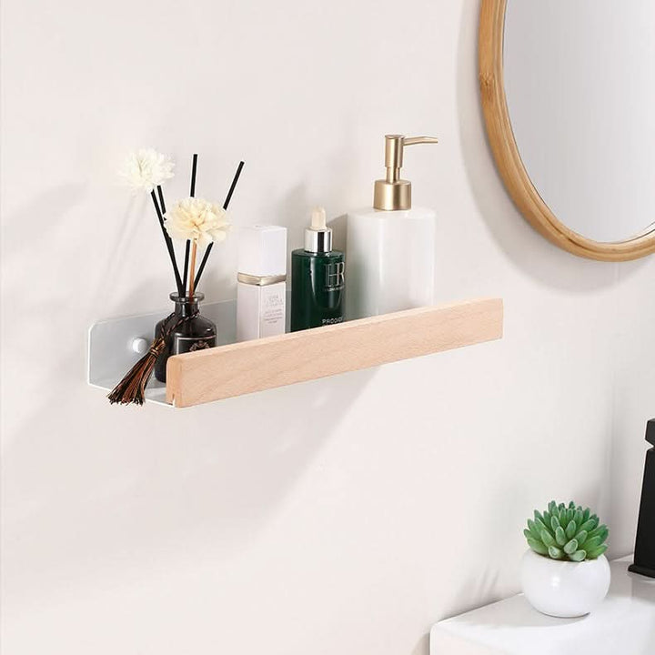 Lisslune | Woodify Towel Rack – No-Drill Wall-Mounted Shower Shelf with Wooden Accents