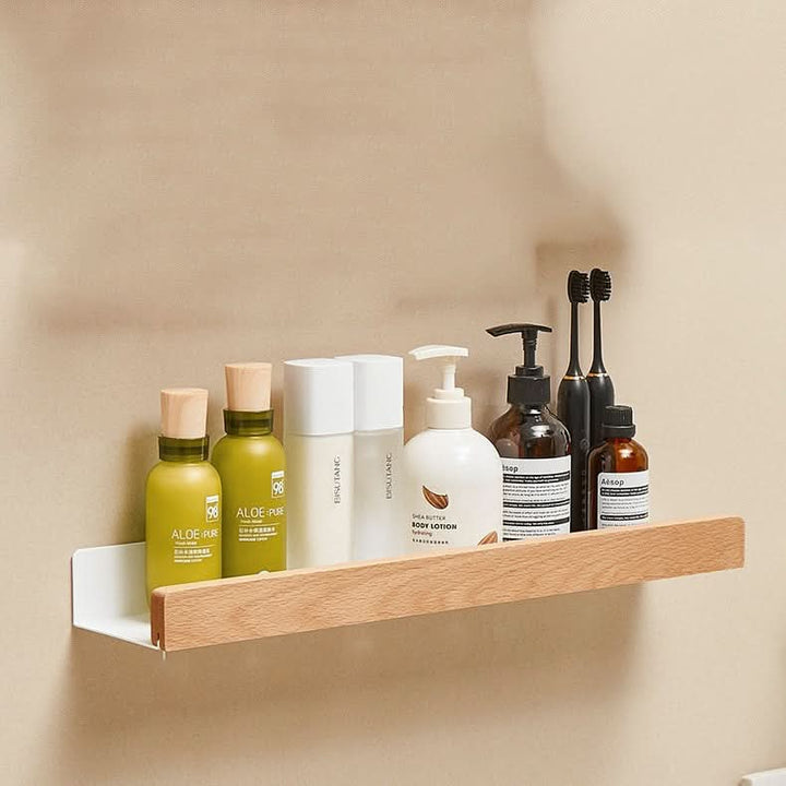 Lisslune | Woodify Towel Rack – No-Drill Wall-Mounted Shower Shelf with Wooden Accents