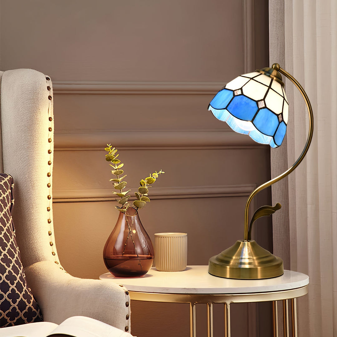 Lisslune | LuxePetal – White and Blue Glass Floral Table Lamp in Gold