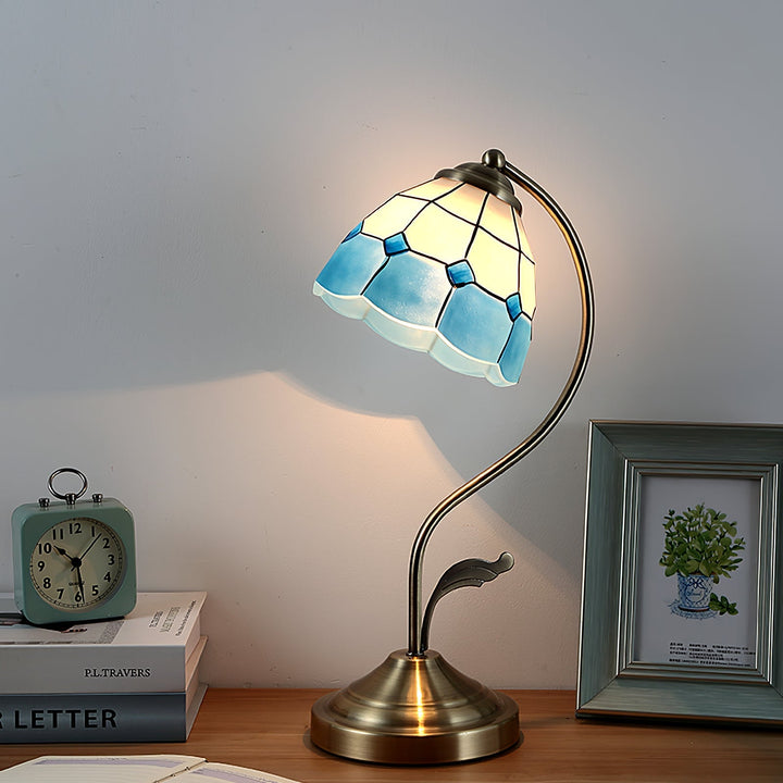 Lisslune | LuxePetal – White and Blue Glass Floral Table Lamp in Gold