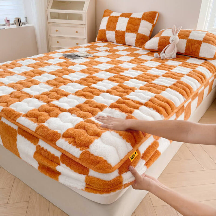 Lisslune | Milk Velvet Checked Bed Linen Fitted Sheet Mattress Cover