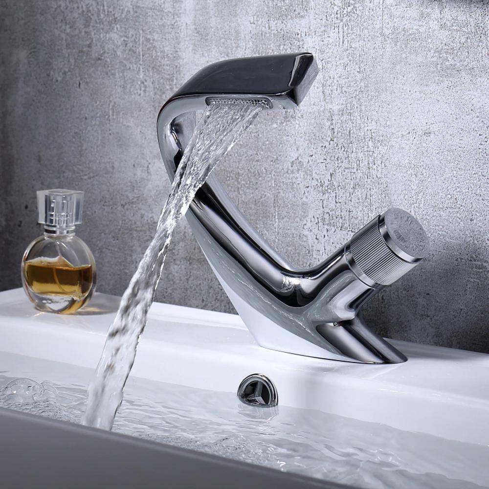 Lisslune | AQUACASCADE Basin Tap – Modern Waterfall Bathroom Mixer Tap in Solid Brass