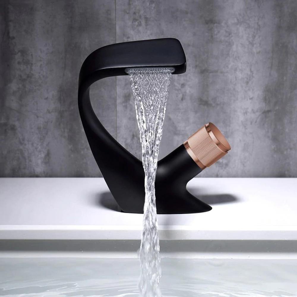 Lisslune | AQUACASCADE Basin Tap – Modern Waterfall Bathroom Mixer Tap in Solid Brass
