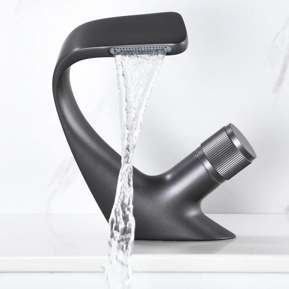 Lisslune | AQUACASCADE Basin Tap – Modern Waterfall Bathroom Mixer Tap in Solid Brass