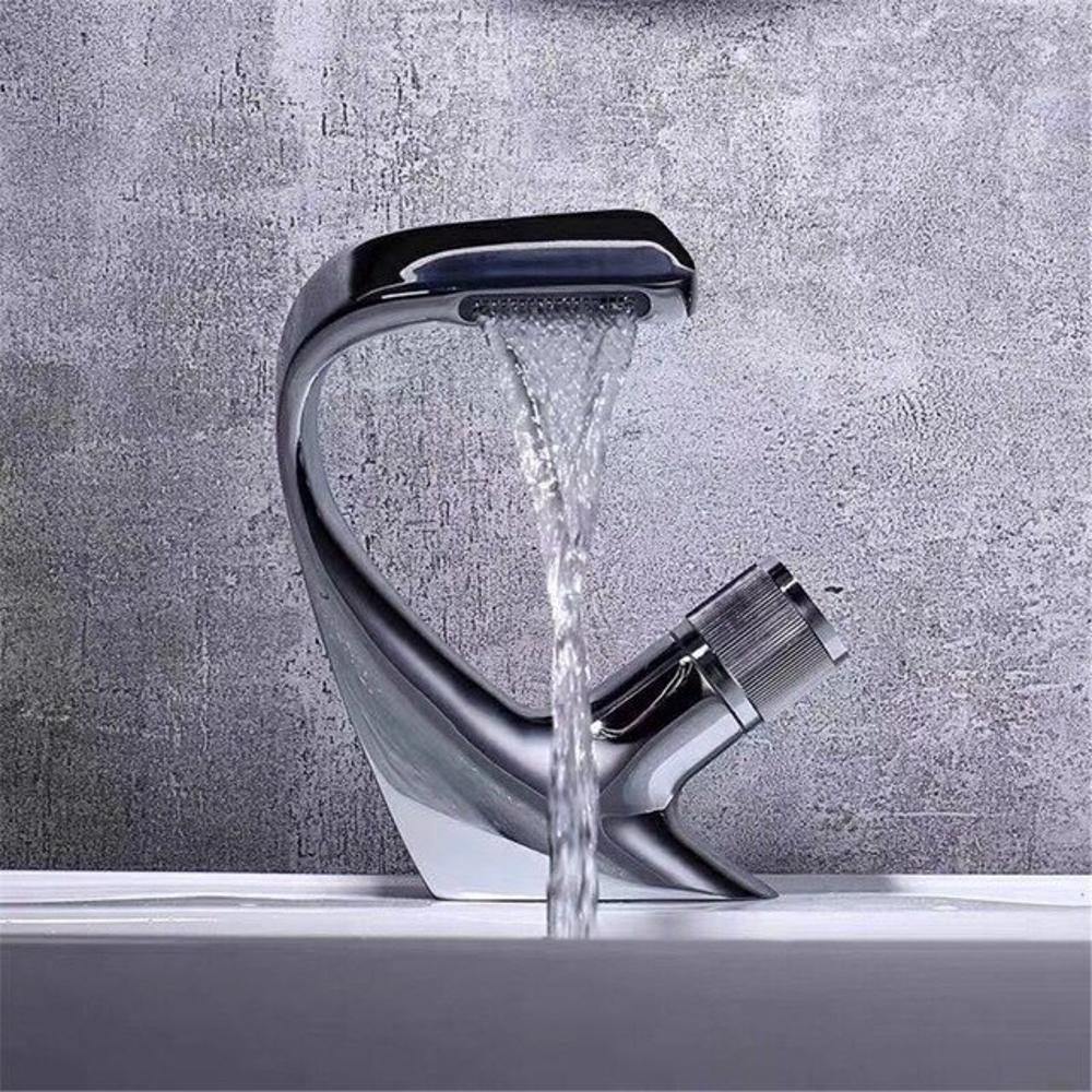Lisslune | AQUACASCADE Basin Tap – Modern Waterfall Bathroom Mixer Tap in Solid Brass